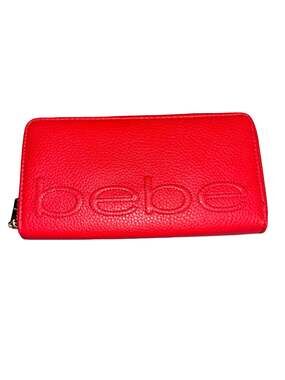 bebe Red Pebbled Faux Leather Zip Around Logo Wallet with Gold Tone Hardware